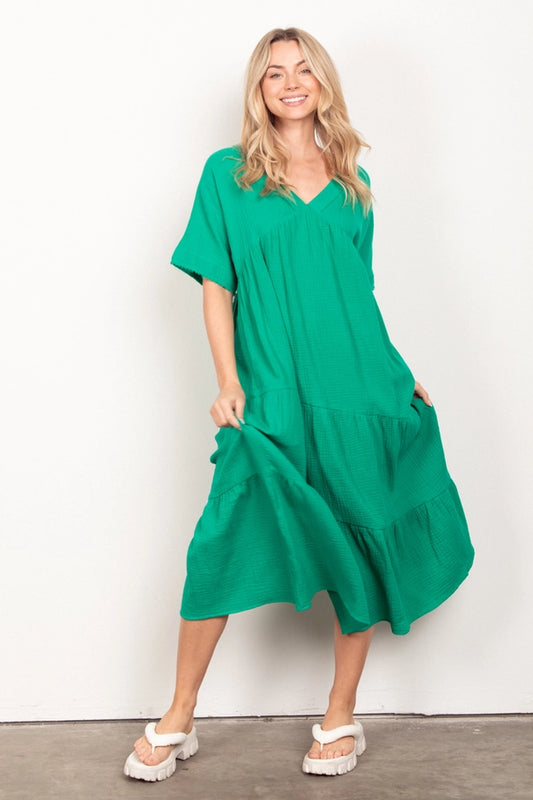 Green Solid Tiered Dress