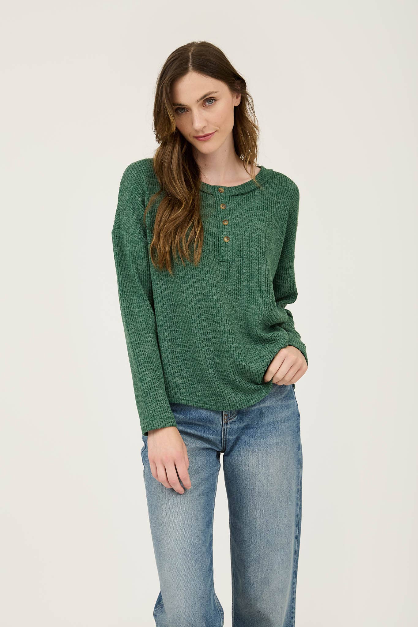 GREEN WAFFLE KNIT HENLEY