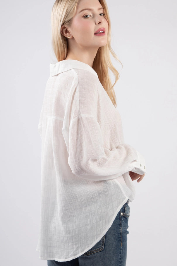 Oversized Sheer Textured Woven Shirt Blouse Top