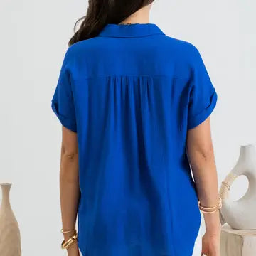 Blue Mid Button Down Cuffed Short Sleeve Top