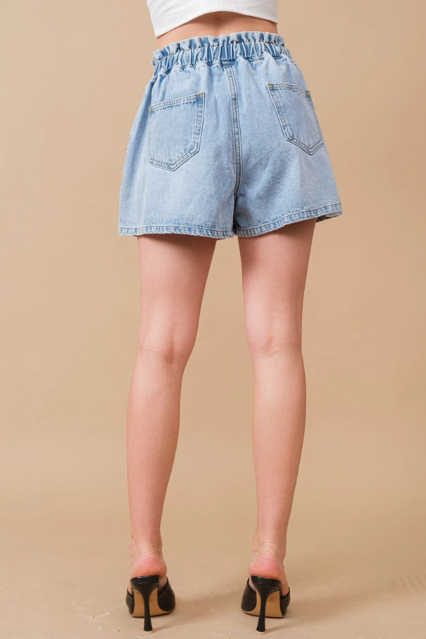 Garment Washed Elastic Paper Denim Shorts