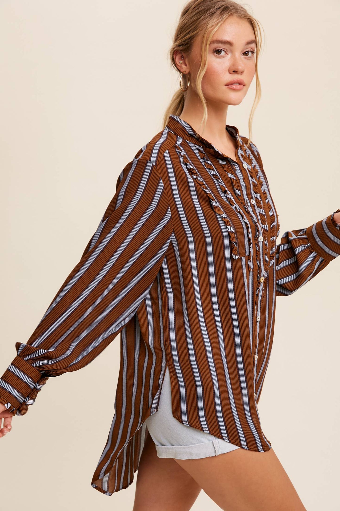 Ruffled Stripe Button-Up Shirt