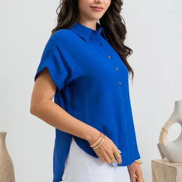 Blue Mid Button Down Cuffed Short Sleeve Top