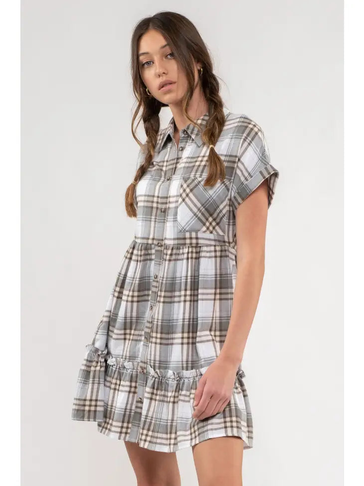 Plaid Ruffle Hem Shirt Dress