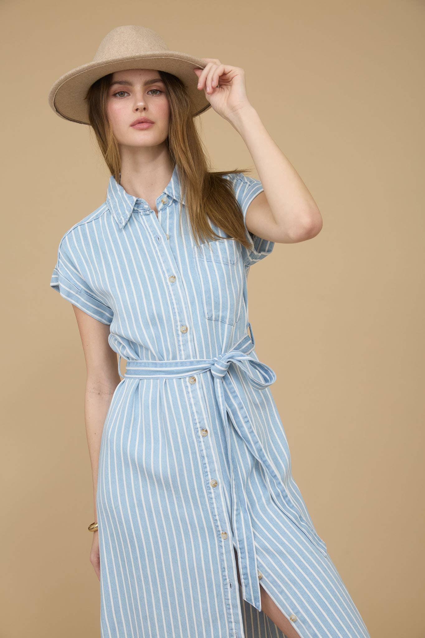 STRIPE CHAMBRAY COLLARED DRESS