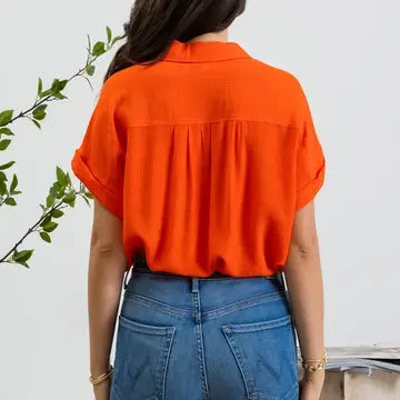 Tomato Red Mid Button Down Cuffed Short Sleeve Top