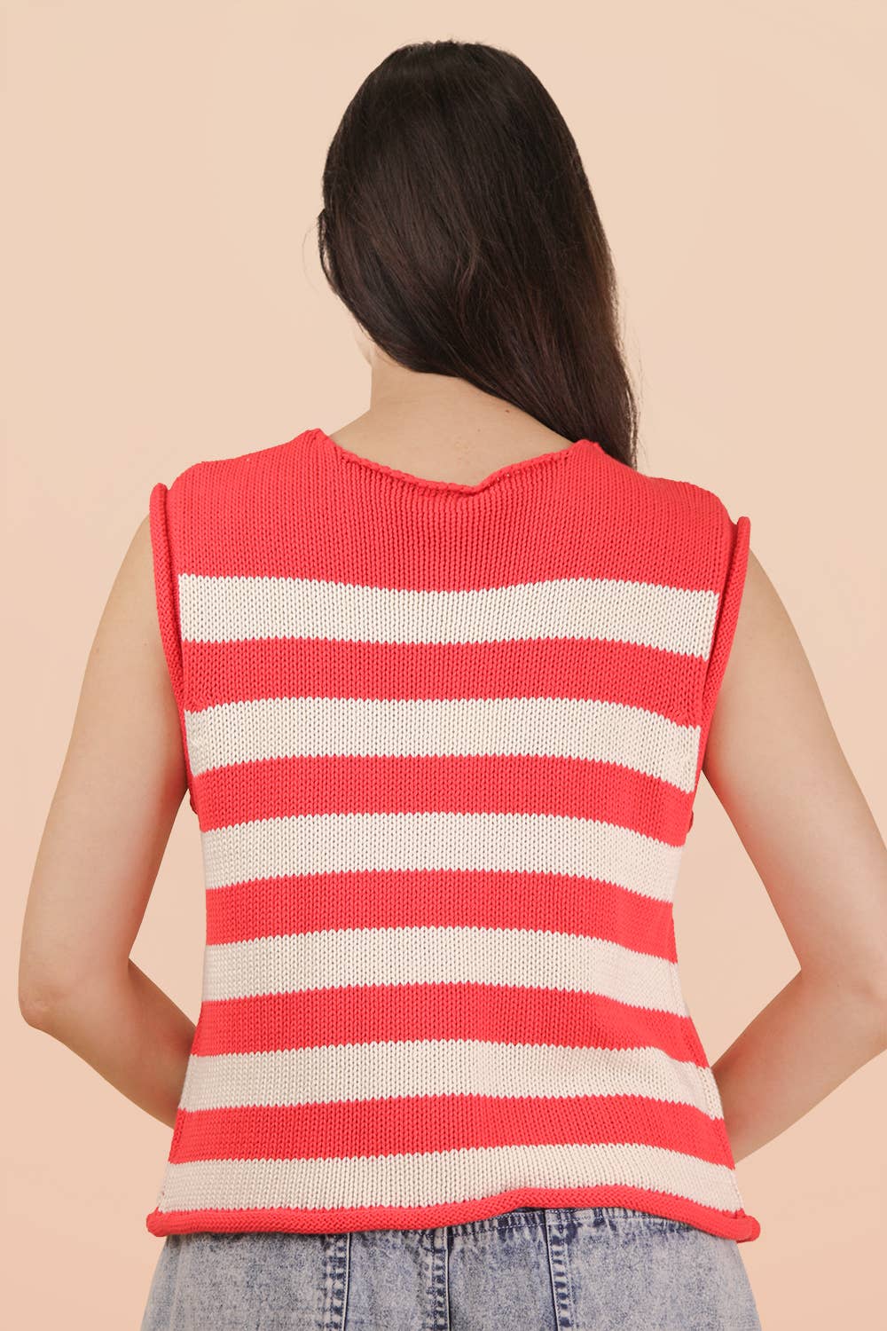 Red Stripe Button Down Knit Sweater Top