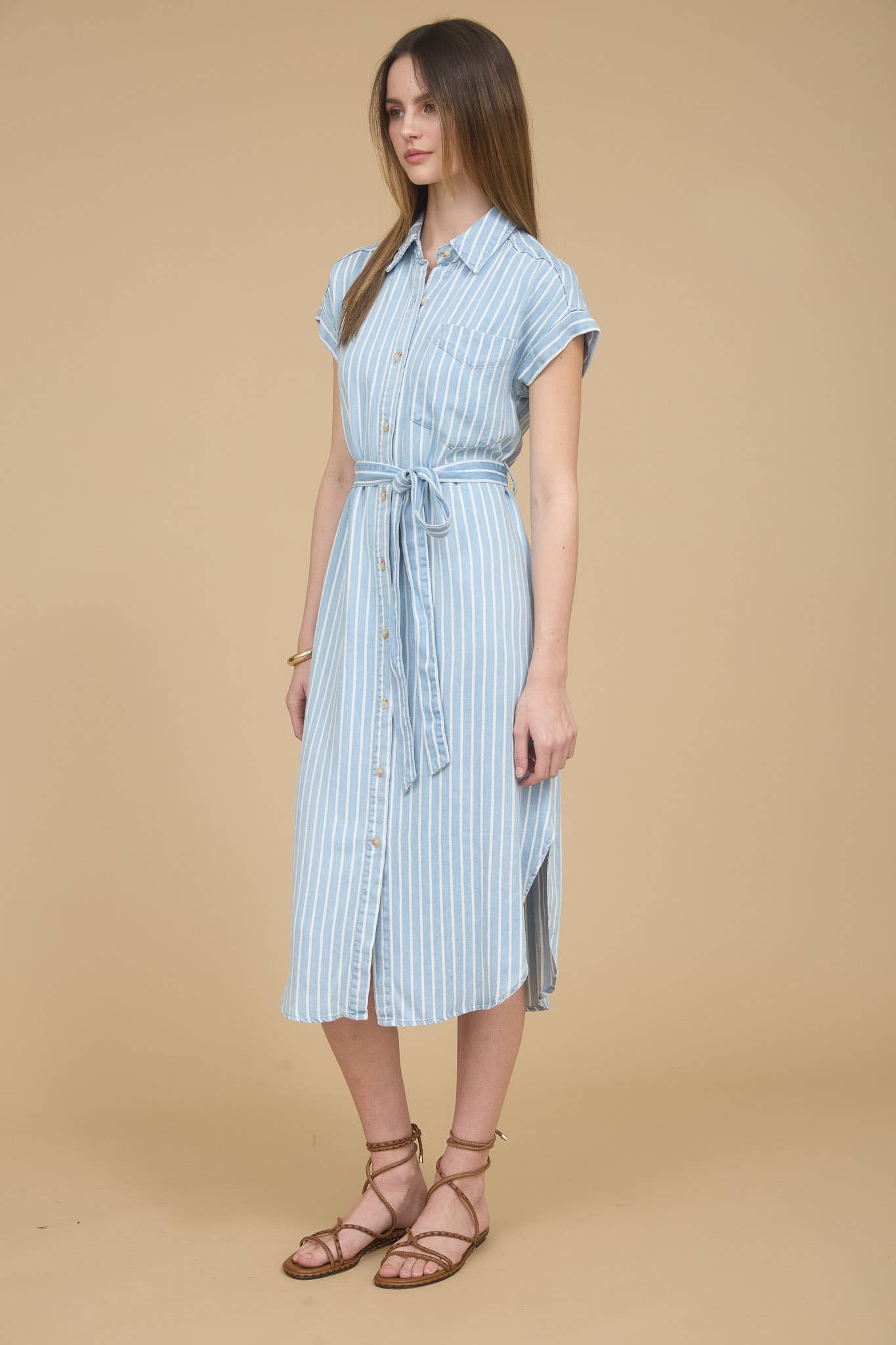 STRIPE CHAMBRAY COLLARED DRESS