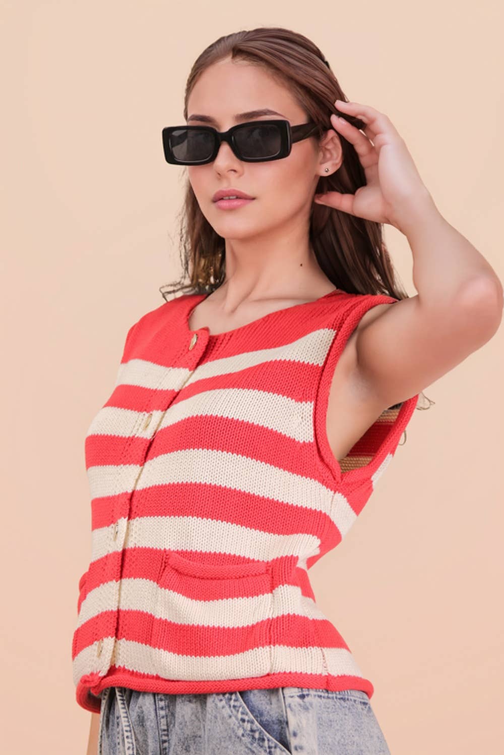 Red Stripe Button Down Knit Sweater Top