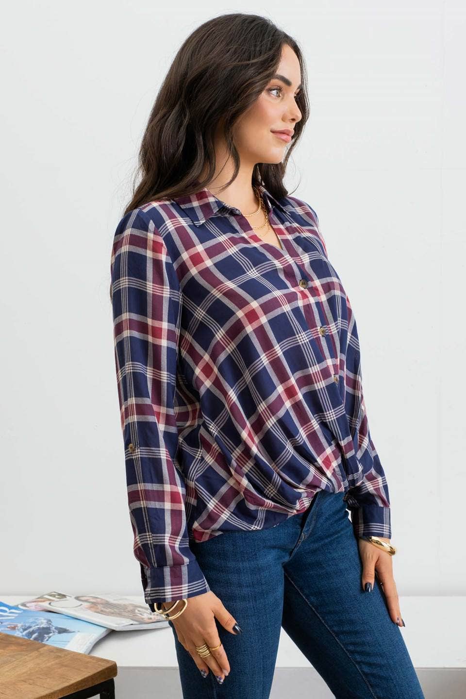 PLAID WRAP FRONT TOP