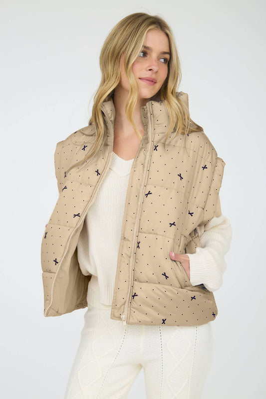 KHAKI BOW ZIP-UP PUFFER VEST