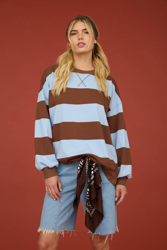 BLUE OVERSIZED WIDE STRIPE CREW NECK