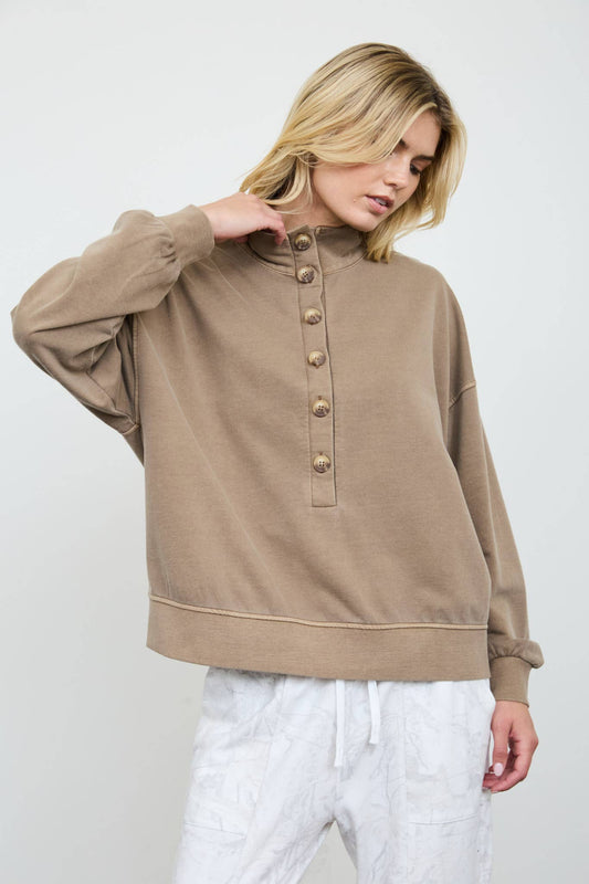 TAN MOCK NECK HENLEY LONG TOP