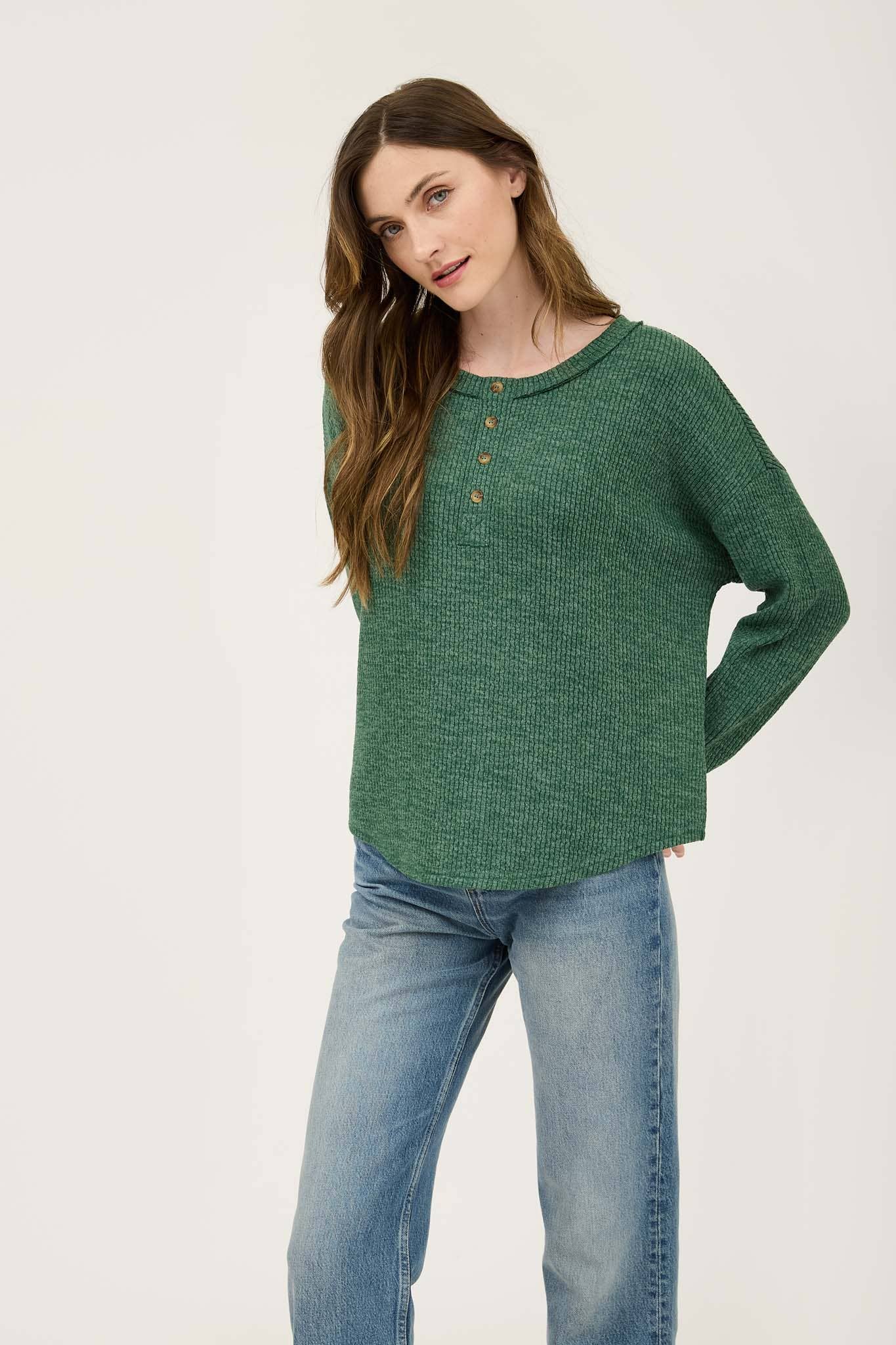 GREEN WAFFLE KNIT HENLEY