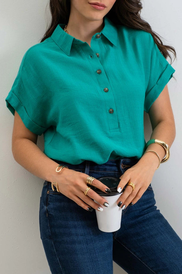 Green Mid Button Down Cuffed Short Sleeve Top