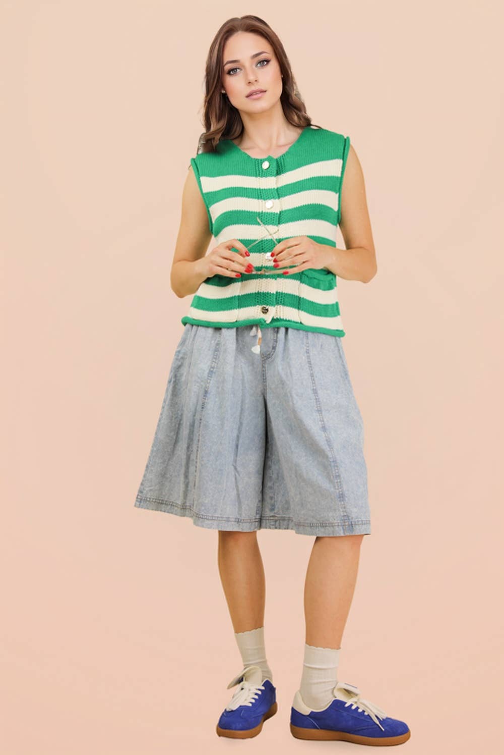 Green Stripe Button Down Knit Sweater Top