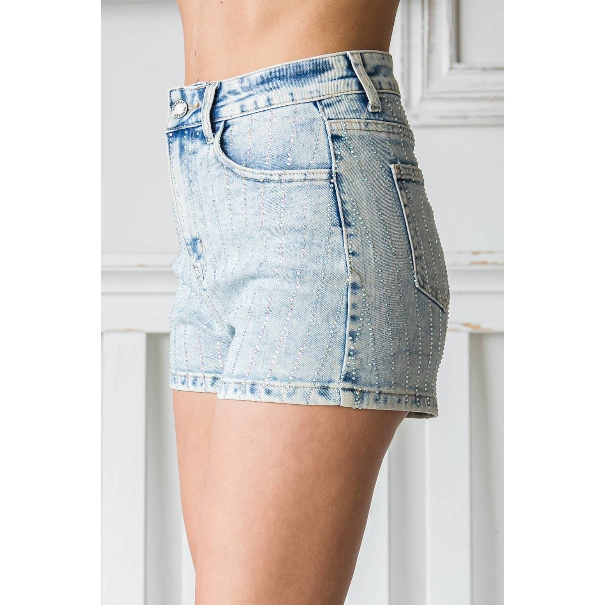 Rhinestone Stripe Shorts: Medium Wash / L