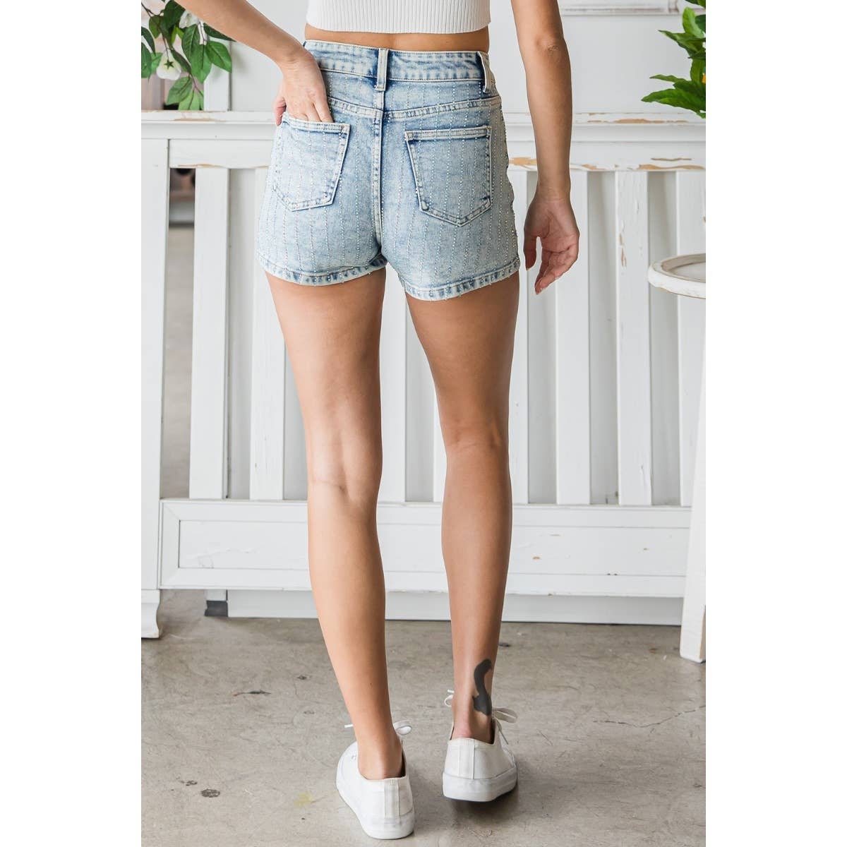 Rhinestone Stripe Shorts: Medium Wash / L