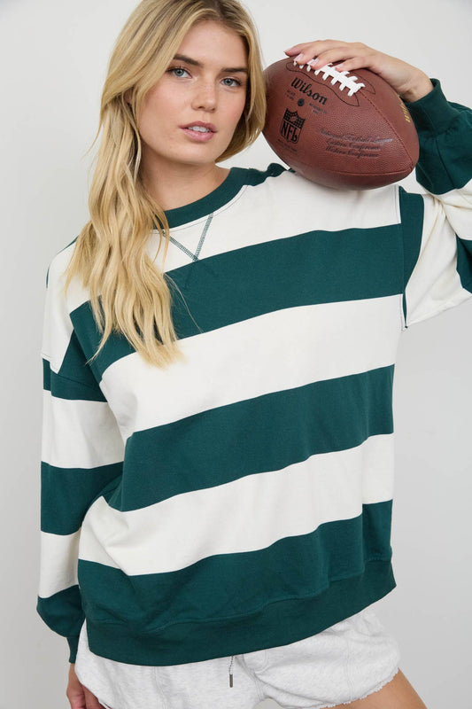 GREEN WIDE STRIPE CREW NECK