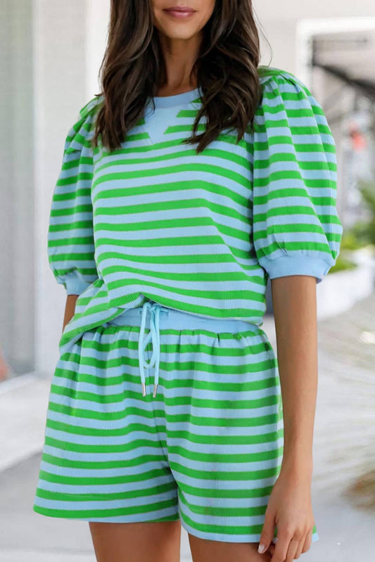 Stripe Puff Sleeve Shorts Set