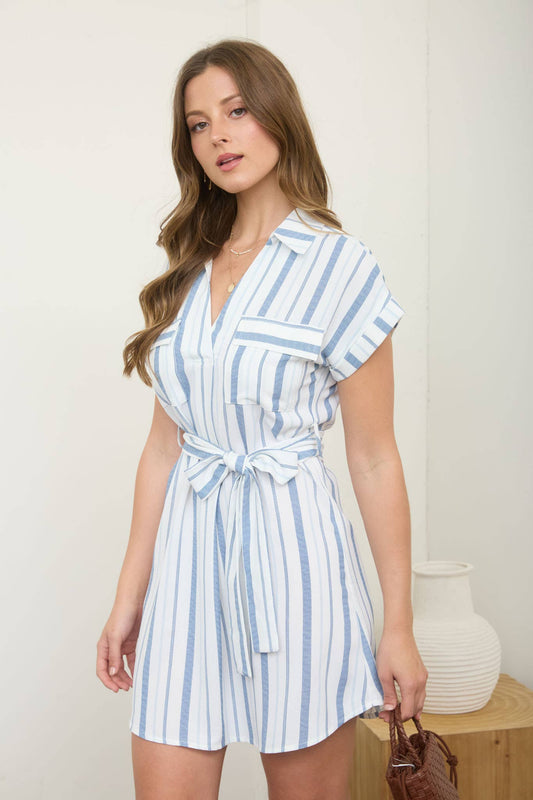STRIPE COLLARED BELTED SHIRT DRESS
