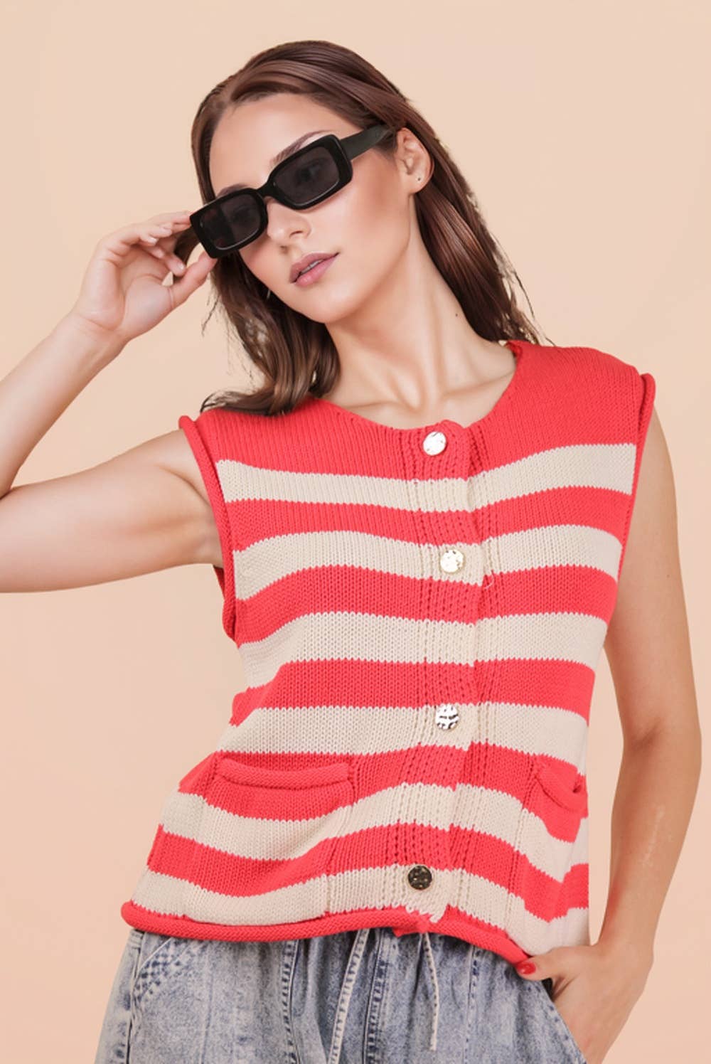 Red Stripe Button Down Knit Sweater Top