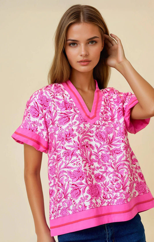 PINK FLORAL PRINTED VNECK TOP