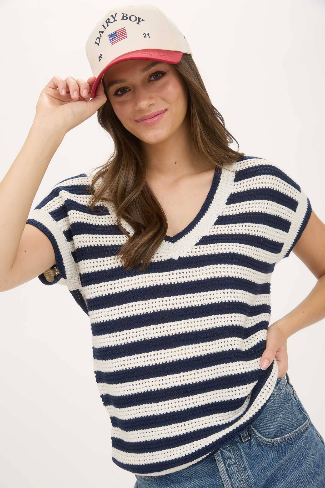NAVY CROCHET KNIT TOP