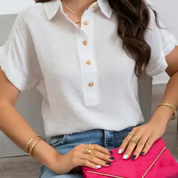 White Mid Button Down Cuffed Short Sleeve Top