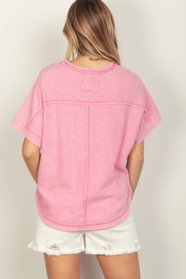 Pink Washed Waffle Casual Knit Top