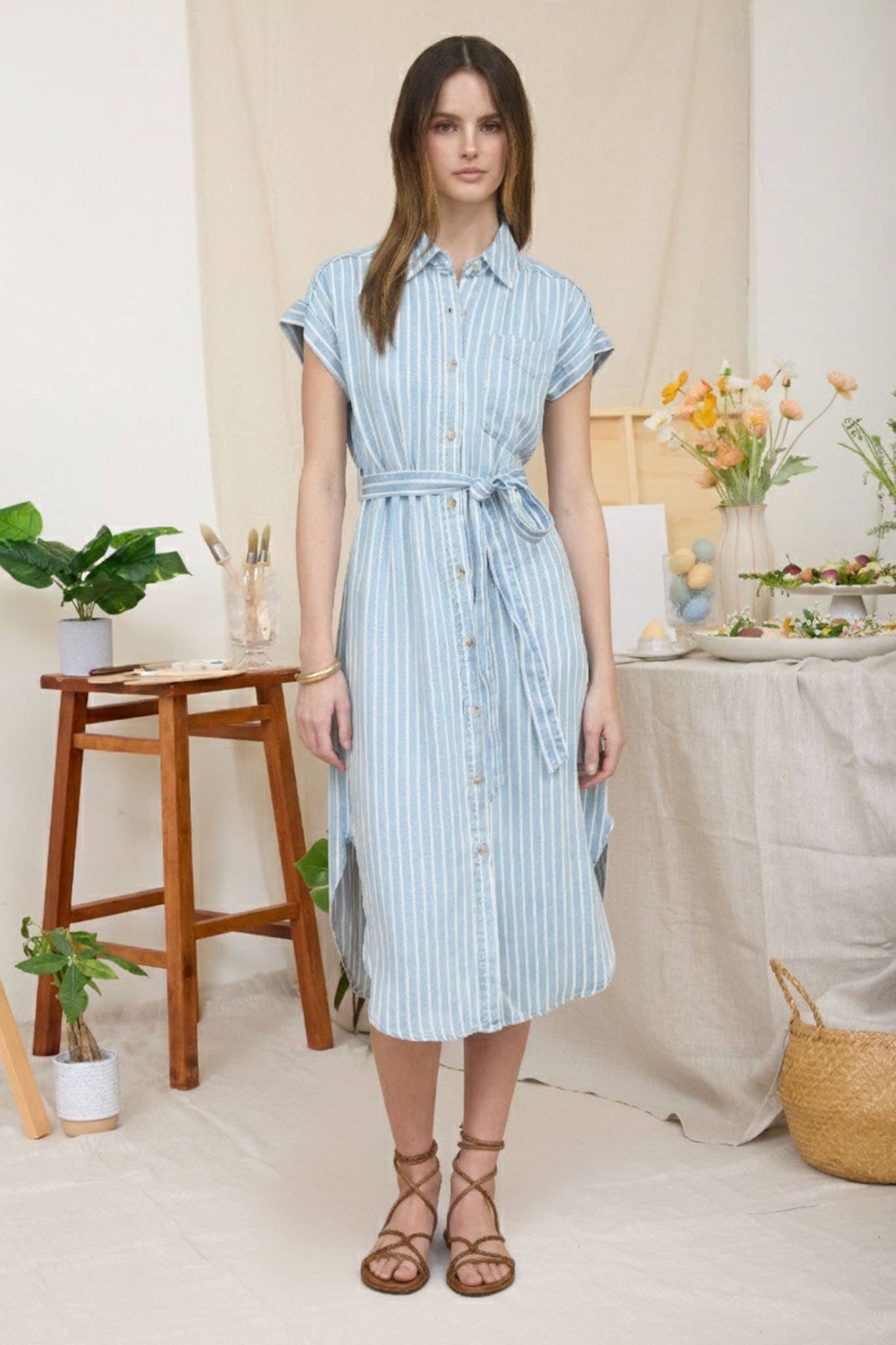 STRIPE CHAMBRAY COLLARED DRESS