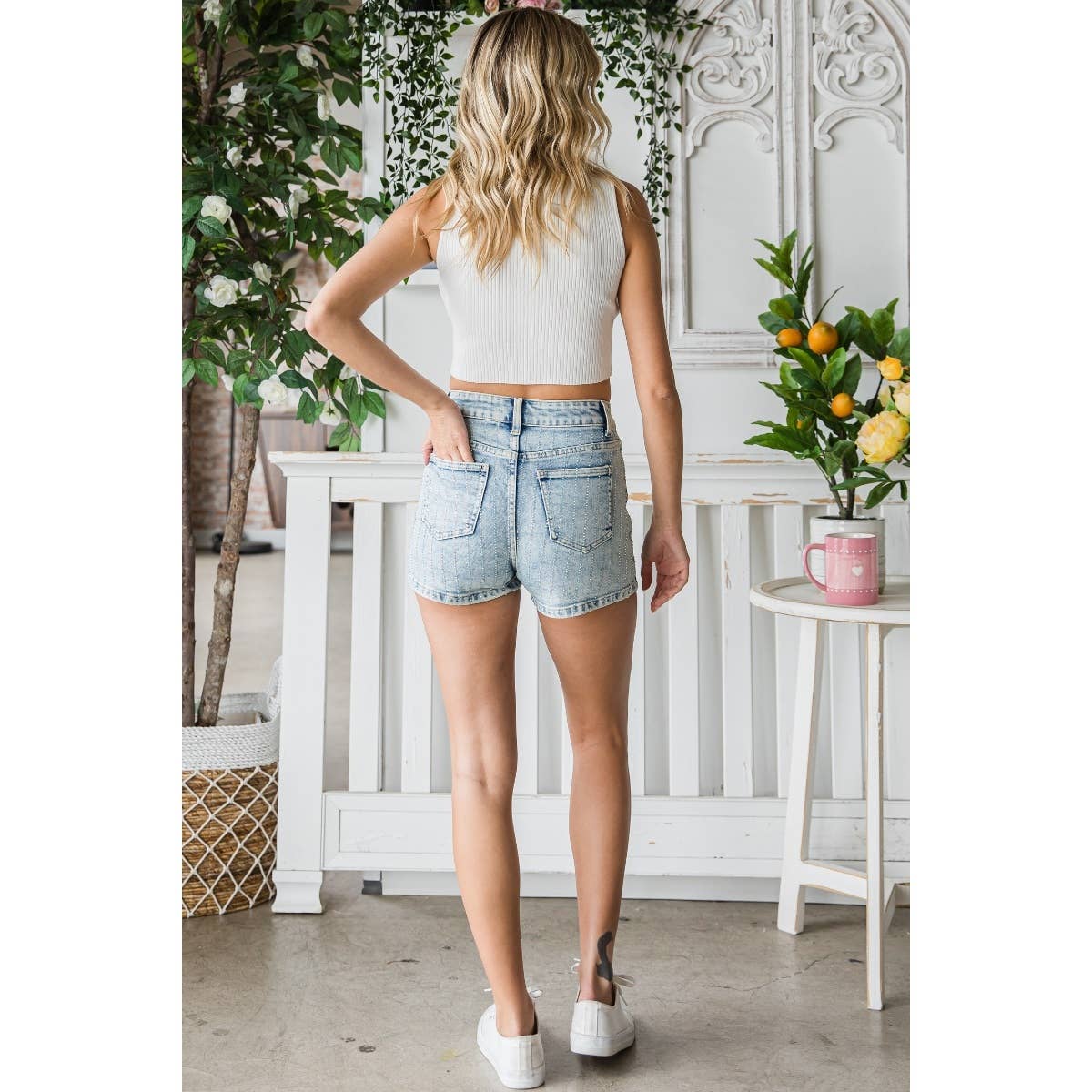 Rhinestone Stripe Shorts: Medium Wash / L