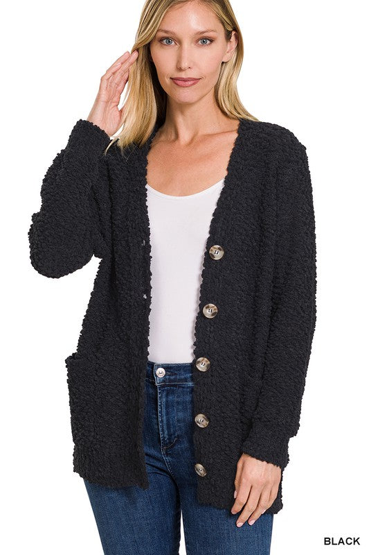 Popcorn Button Front Cardigan