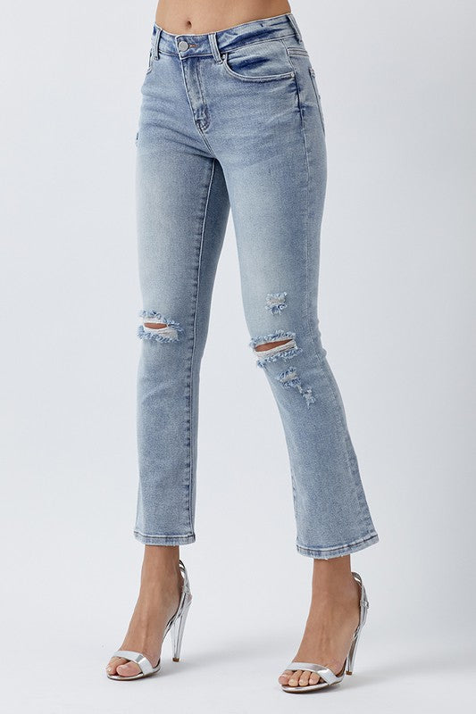 Distressed Mid Rise Straight Leg