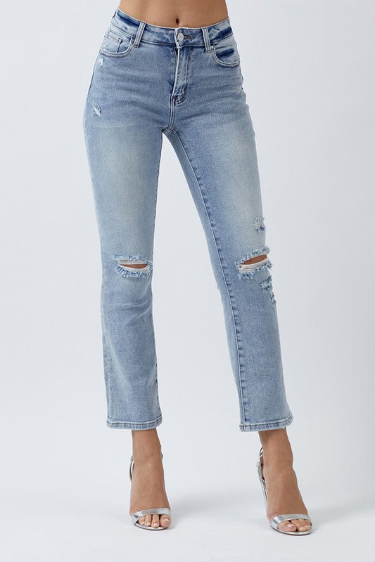 Distressed Mid Rise Straight Leg