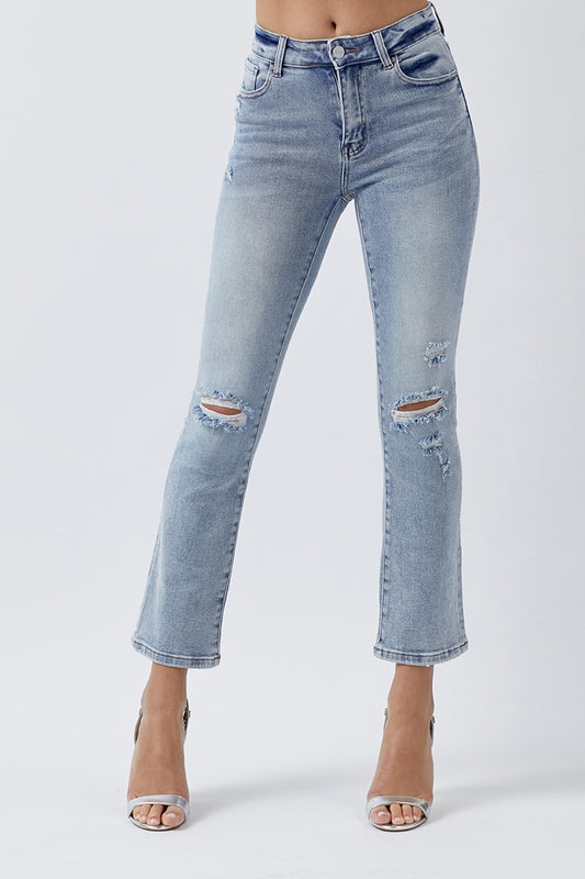 Distressed Mid Rise Straight Leg