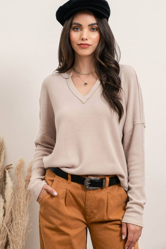 Taupe V NECKLINE LONG SLEEVE